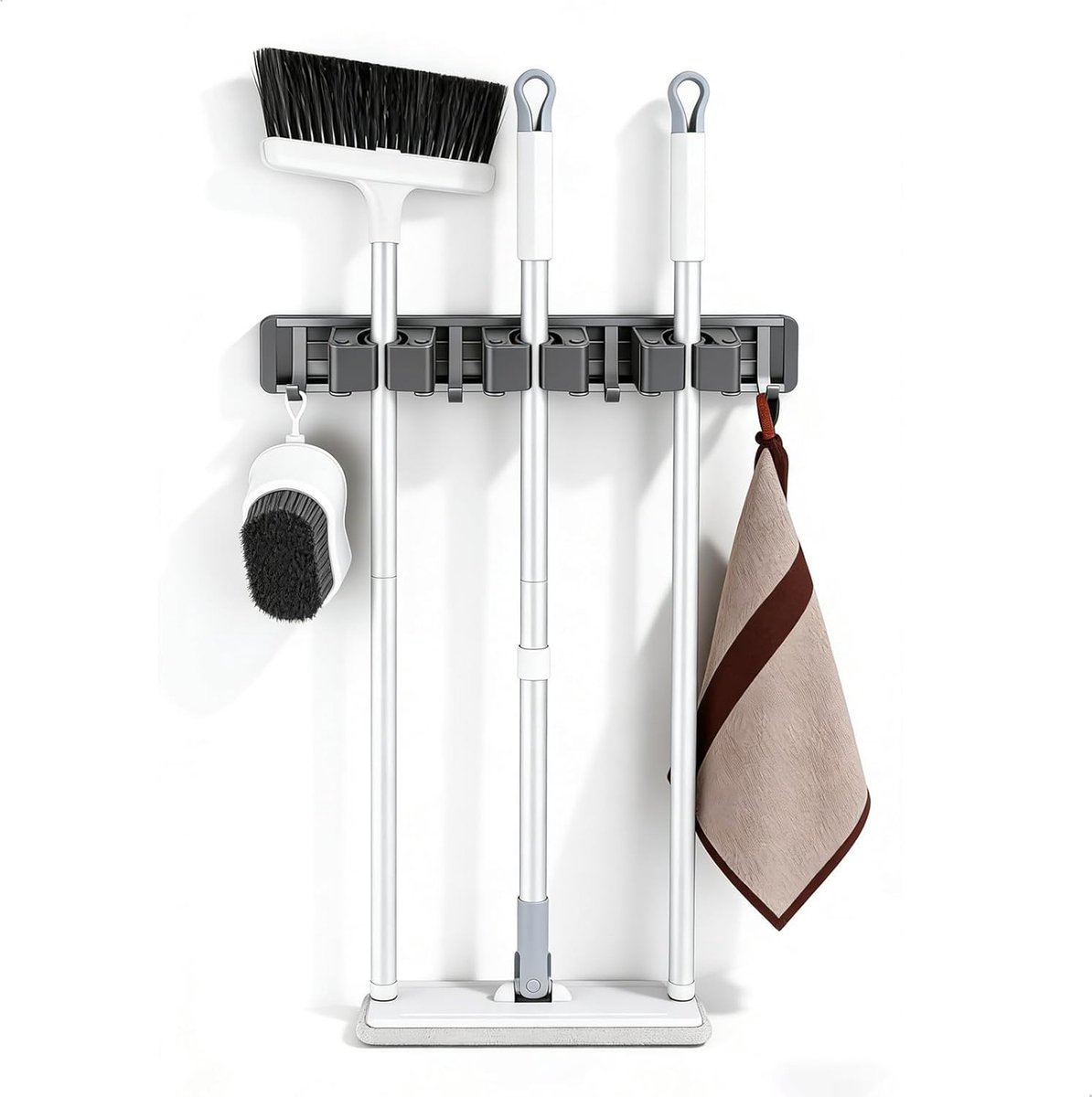 SnelShoppen - Broom Holder Wandmontage - Broomhouder met 3 Houder en 4 Haken - Zelfklevende Wandtoolhouder voor Keuken, Badkamer, Kantoor - Grijs