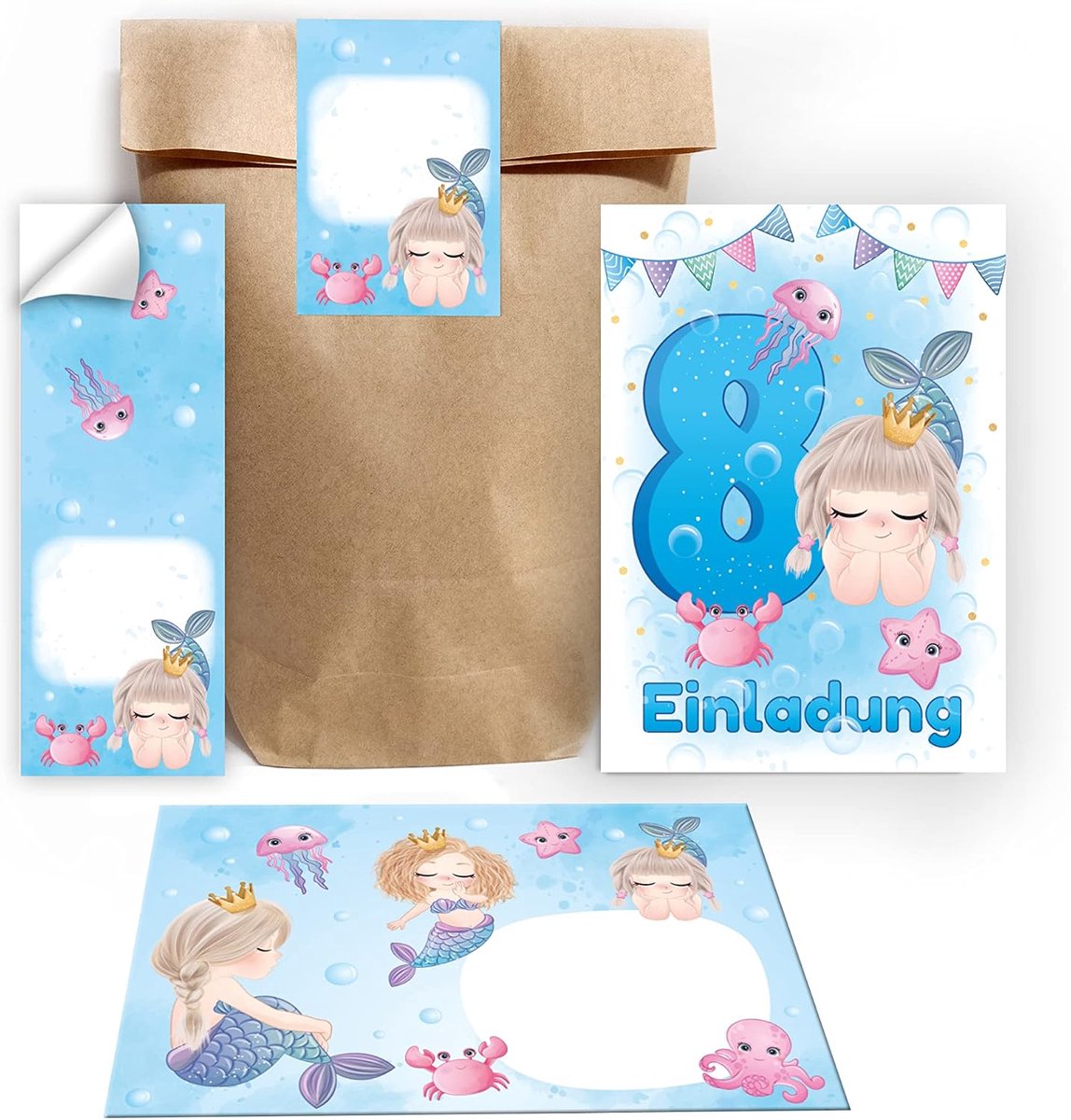 Uitnodigingskaarten 12 stuks - 8e verjaardag meisje - Zeemeermin thema - Inclusief enveloppen en stickers - ShopVlot