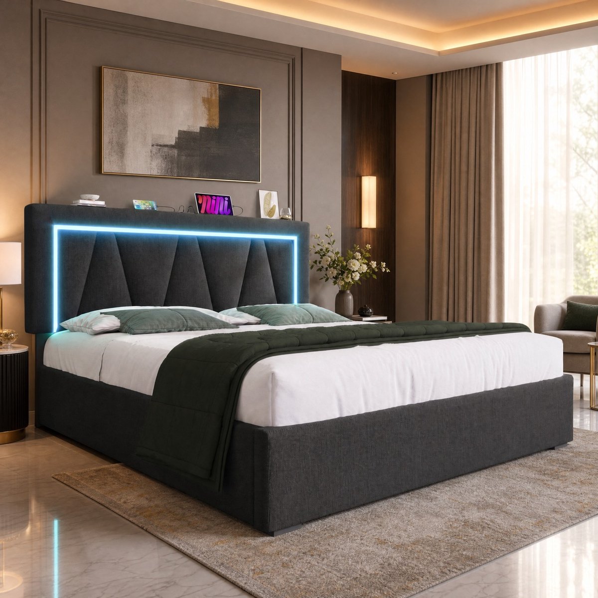 WUVRIE Gestoffeerd opbergbed 140x200 cm met LED, USB en USB-C, verstelbaar hoofdbord, grijs