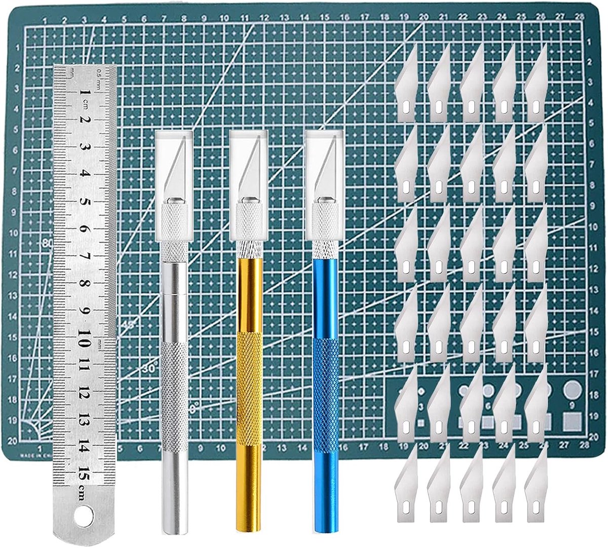 SnelShoppen - 3-delige Cutter Set met 30 Vervangbladen, Precisie Craft Knife, Lichtgewicht Aluminium Handvat, Inclusief A4 Plaat en Liniaal voor Hobby