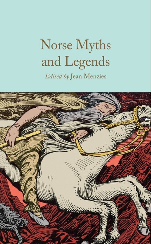 Boekomslag 'Norse Myths and Legends' met illustratie van een figuur met grijze baard op een wit paard.