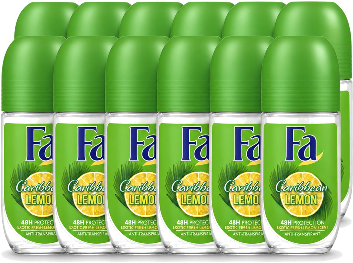 12 x Fa - Deodorant Roller - Caribbean Lemon - Verfrissend - 48 uur Bescherming - Citrusachtig - 50 ml - Voordeelverpakking - 12 stuks