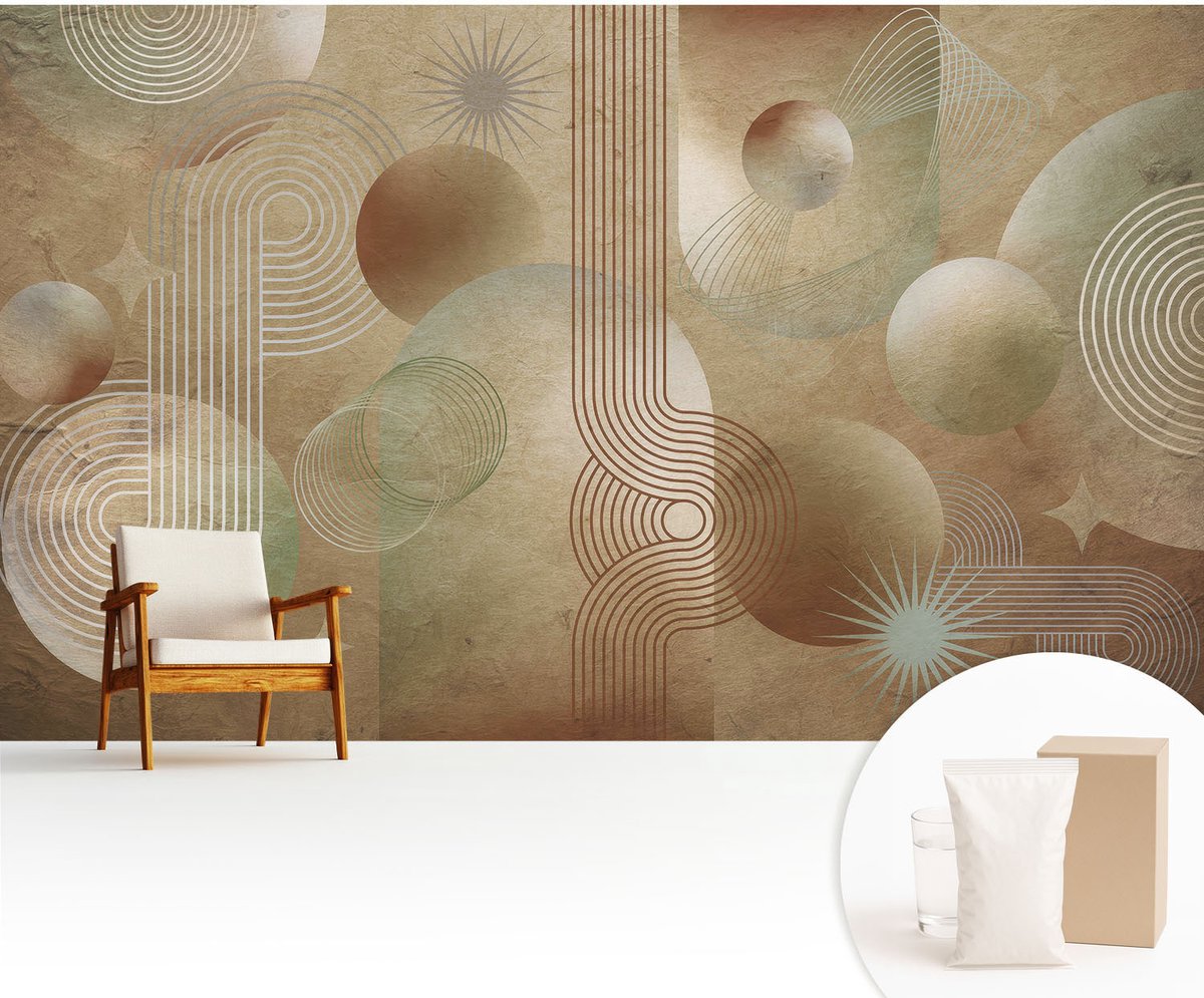 Wallfluent Fotobehang - Beige Vliesbehang - 416x254 cm - Geometrisch Patroon Fotobehang Vlies - Hal behang Abstractie - Muurschildering - Hal behang