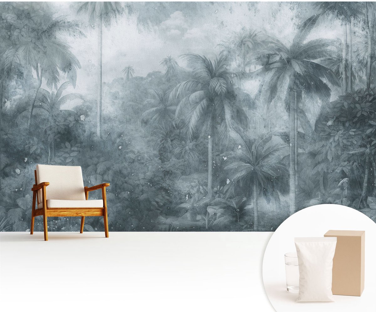 Wallfluent Fotobehang - Grijs Vliesbehang - 416x254 cm - Tropische Vegetatie Muurschildering - Gang behang Bloemen En Planten - Fotobehang Vlies - Slaapkamer behang