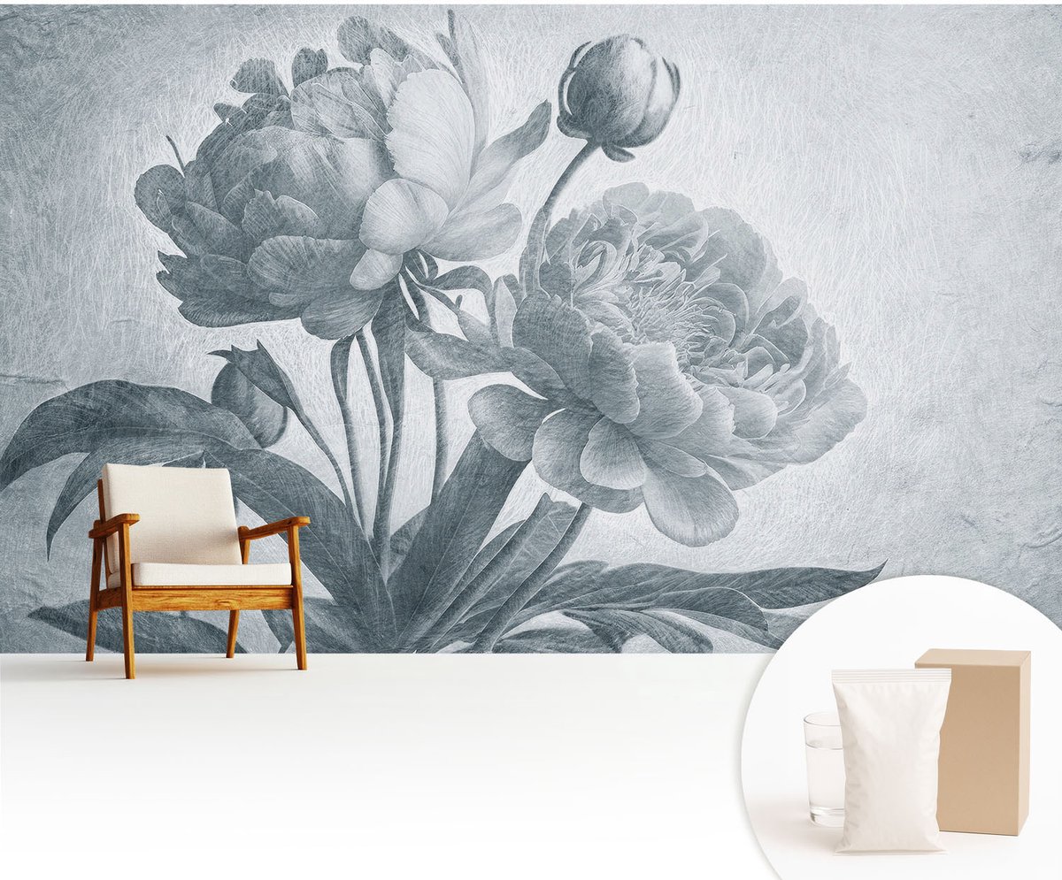 Wallfluent Fotobehang - Grijs Vliesbehang - 416x254 cm - Bloemenchic Muurschildering - Gang behang Bloemen En Planten - Fotobehang Vlies - Slaapkamer behang