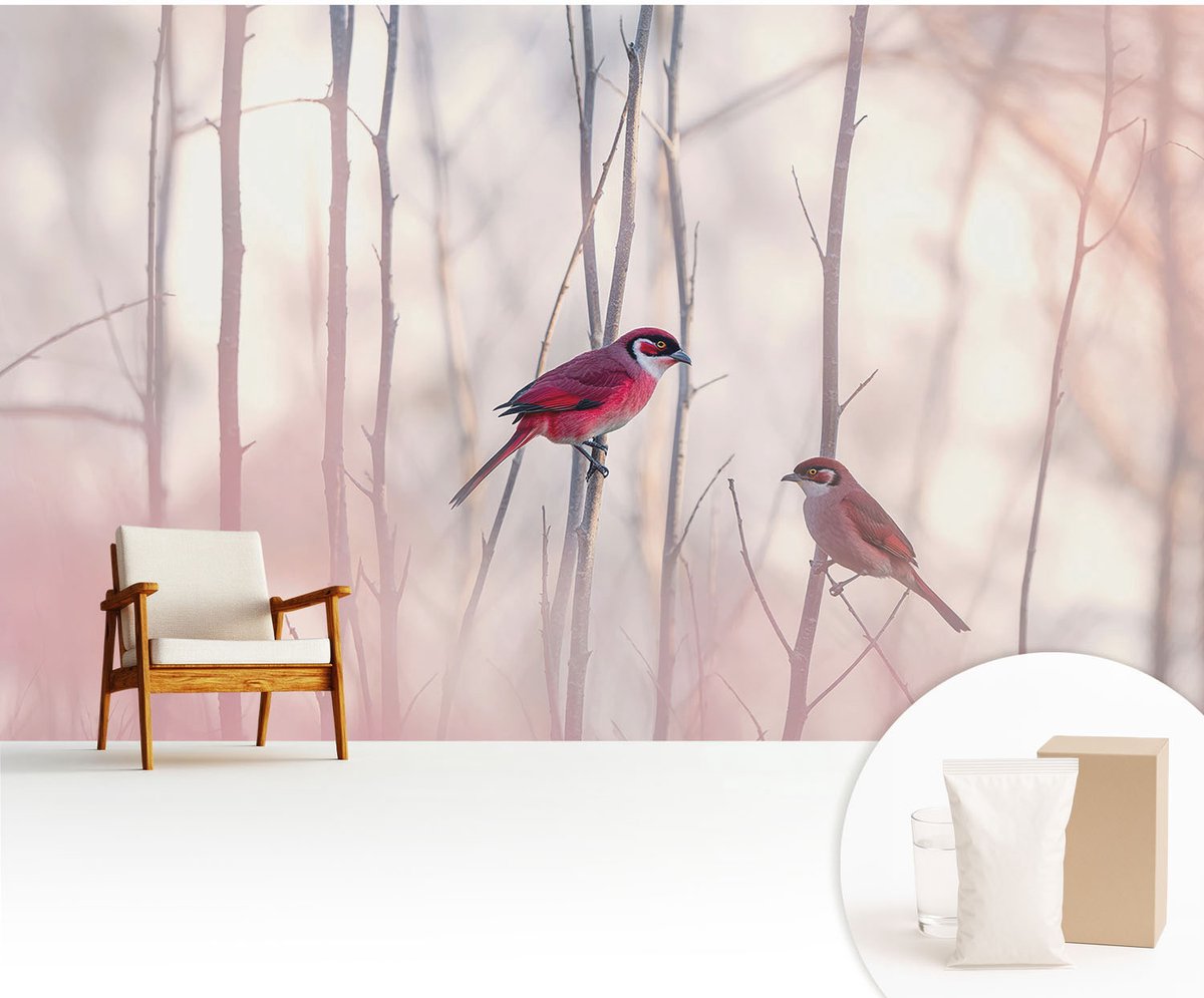 Wallfluent Fotobehang - Roze Vliesbehang - 416x254 cm - Vogelpaar Muurschildering - Gang behang Dieren - Fotobehang Vlies - Gang behang
