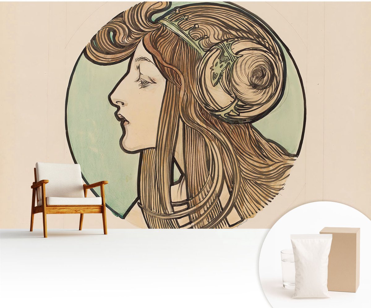 Wallfluent Fotobehang - Beige Vliesbehang - 416x254 cm - Art Nouveau-Portret Muurschildering - Gang behang Deel - Fotobehang Vlies - Slaapkamer behang