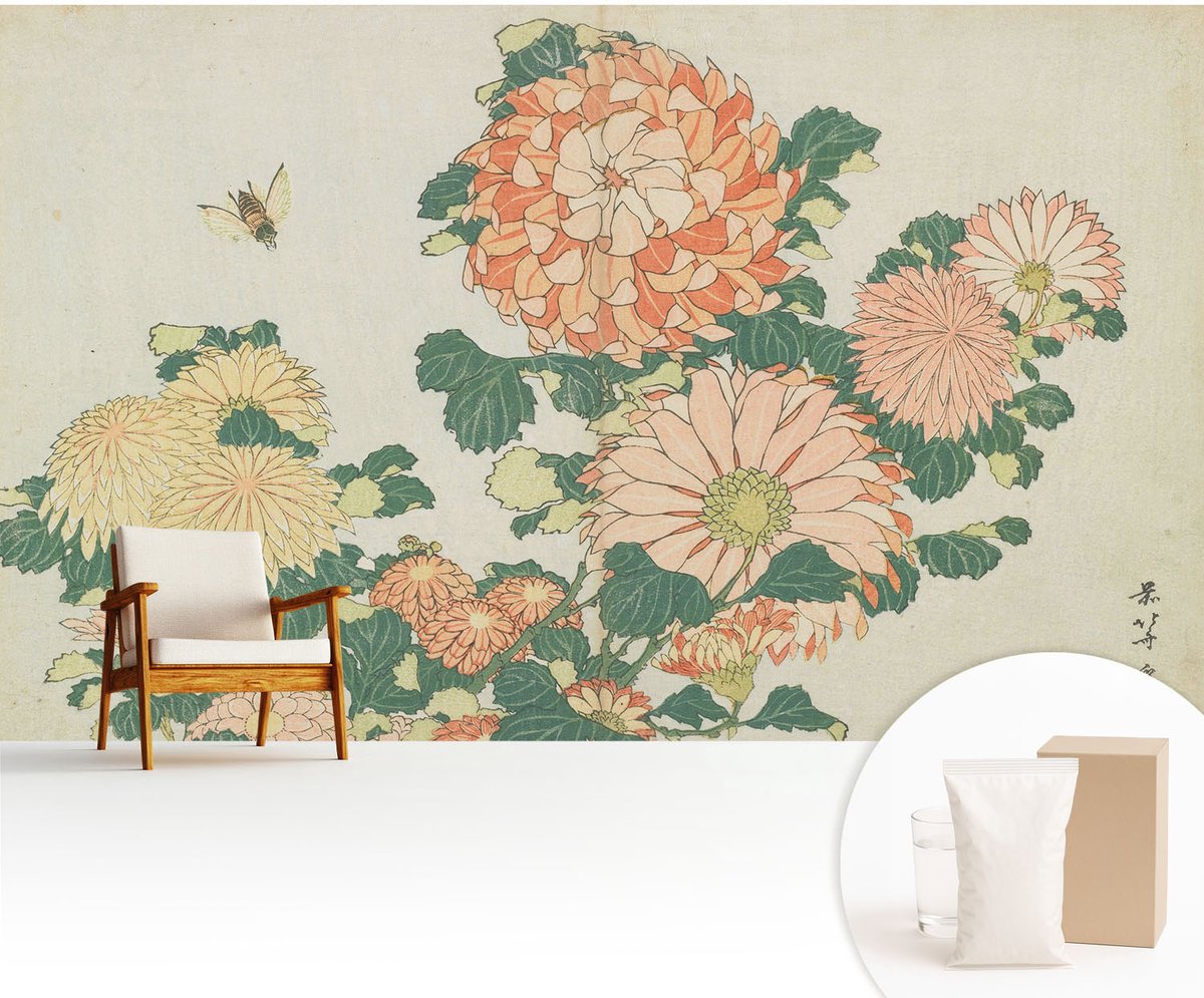 Wallfluent Fotobehang - Romig Vliesbehang - 416x254 cm - Chrysantenbloemen Muurschildering - Gang behang Bloemen En Planten - Fotobehang Vlies - Slaapkamer behang