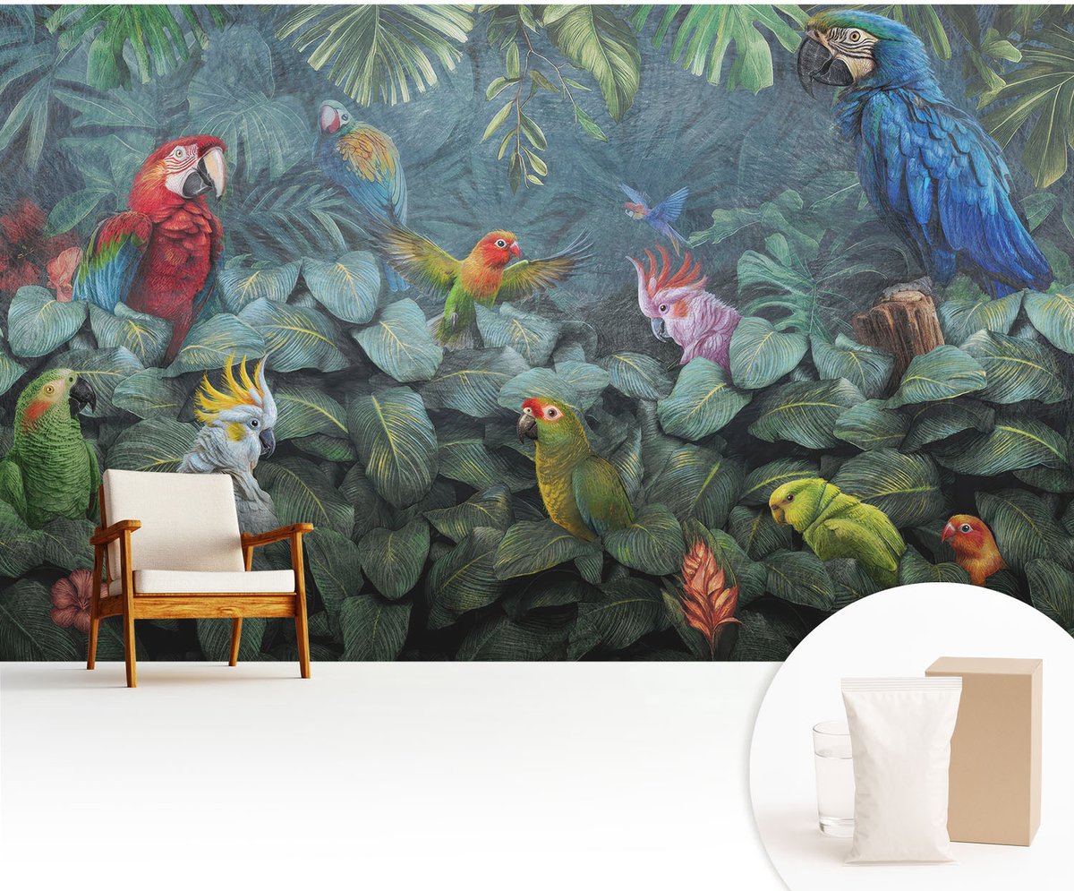 Wallfluent Fotobehang - Groente Vliesbehang - 416x254 cm - Exotische Jungle Fotobehang Vlies - Woonkamer behang Dieren - Muurschildering - Woonkamer behang