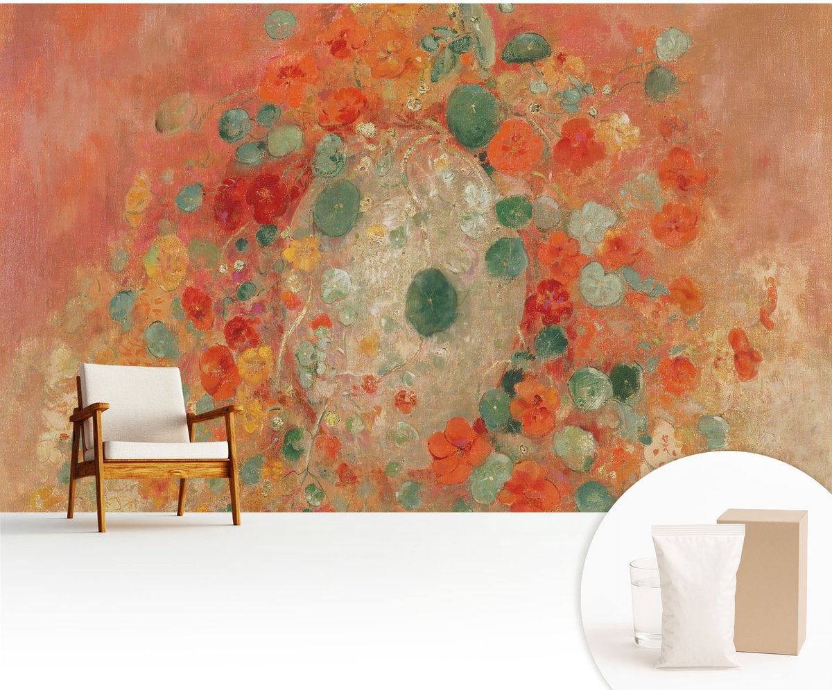 Wallfluent Fotobehang - Oranje Vliesbehang - 416x254 cm - Abstracte Bloemen Muurschildering - Slaapkamer behang Bloemen En Planten - Fotobehang Vlies - Slaapkamer behang