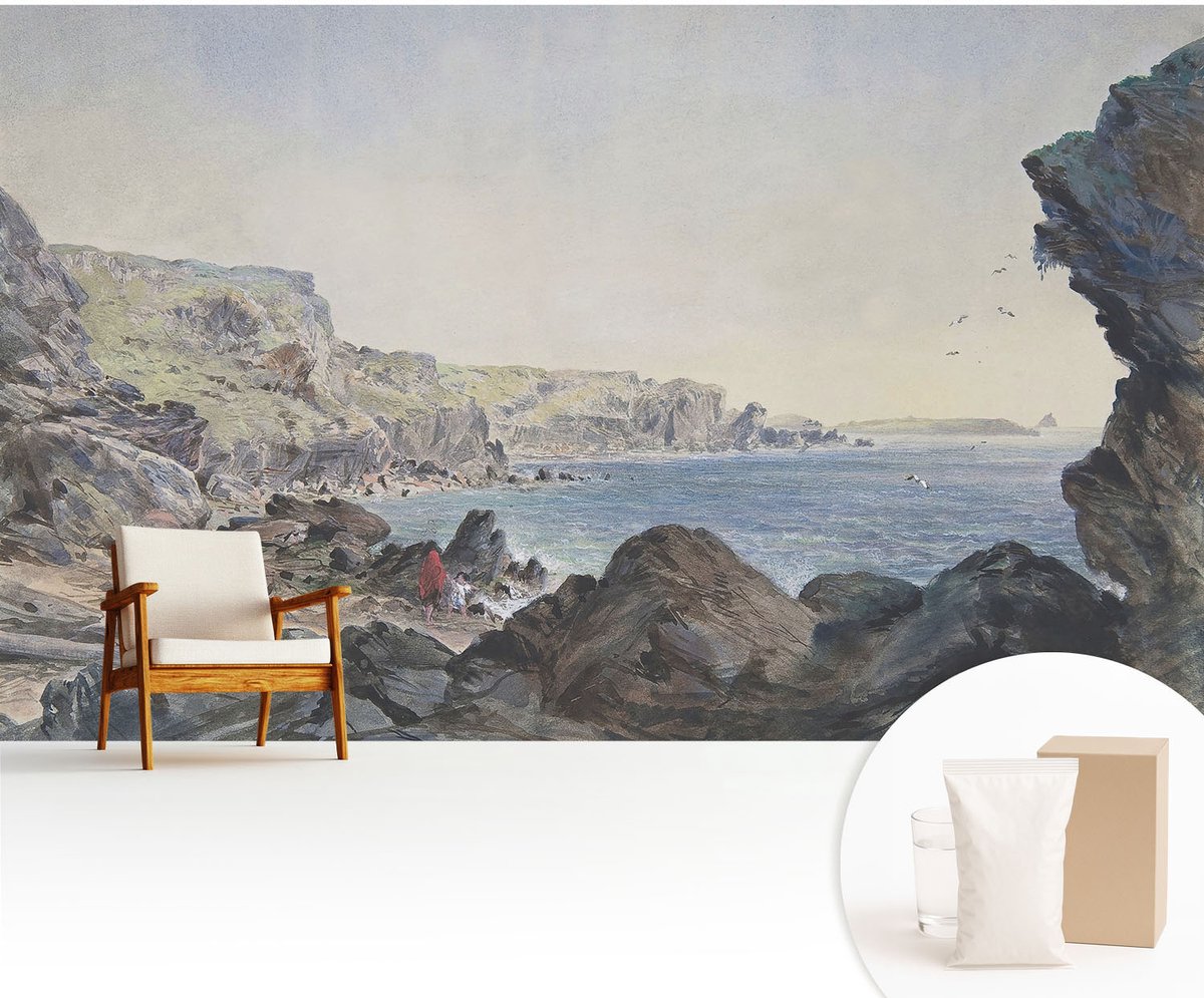 Wallfluent Fotobehang - Grijs Vliesbehang - 416x254 cm - Een Rustige Kust Fotobehang Vlies - Woonkamer behang Landschappen - Muurschildering - Hal behang