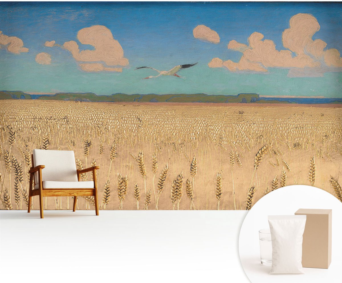 Wallfluent Fotobehang - Wit Vliesbehang - 416x254 cm - Tarweveld Fotobehang Vlies - Woonkamer behang Landschappen - Muurschildering - Woonkamer behang