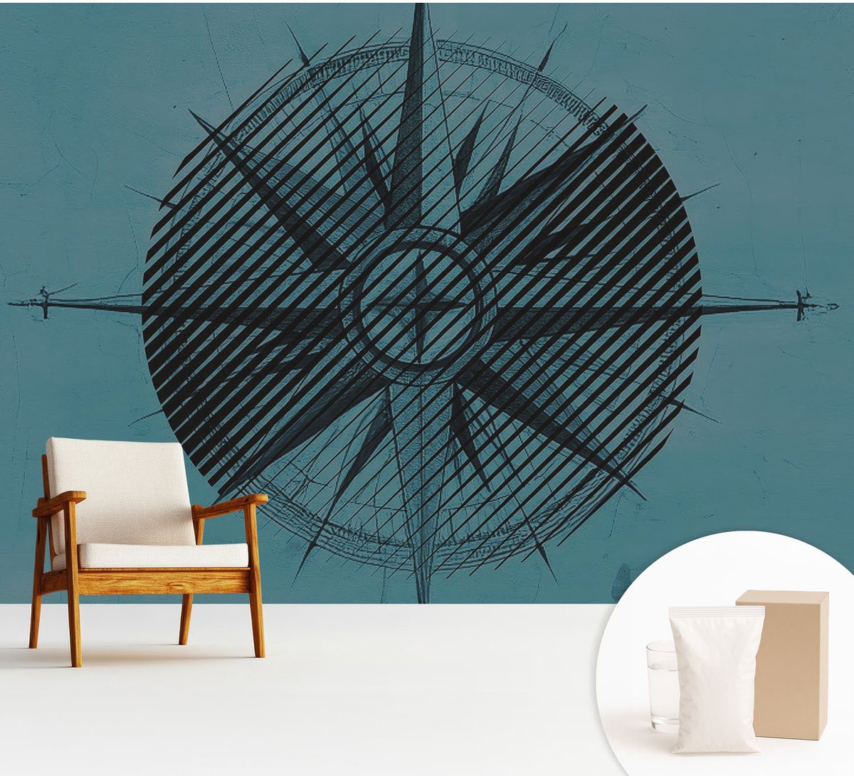Wallfluent Fotobehang - Turkoois Vliesbehang - 312x219 cm - Scheepskompas Fotobehang Vlies - Woonkamer behang Geometrie - Muurschildering - Woonkamer behang