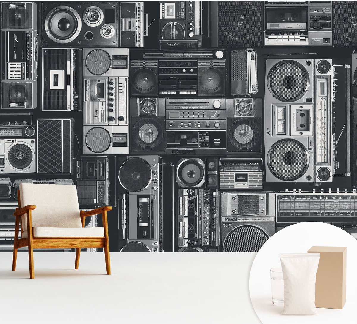 Wallfluent Fotobehang - Zwart Vliesbehang - 312x219 cm - Retro Radio Muurschildering - Slaapkamer behang Achtergronden En Patronen - Fotobehang Vlies - Gang behang