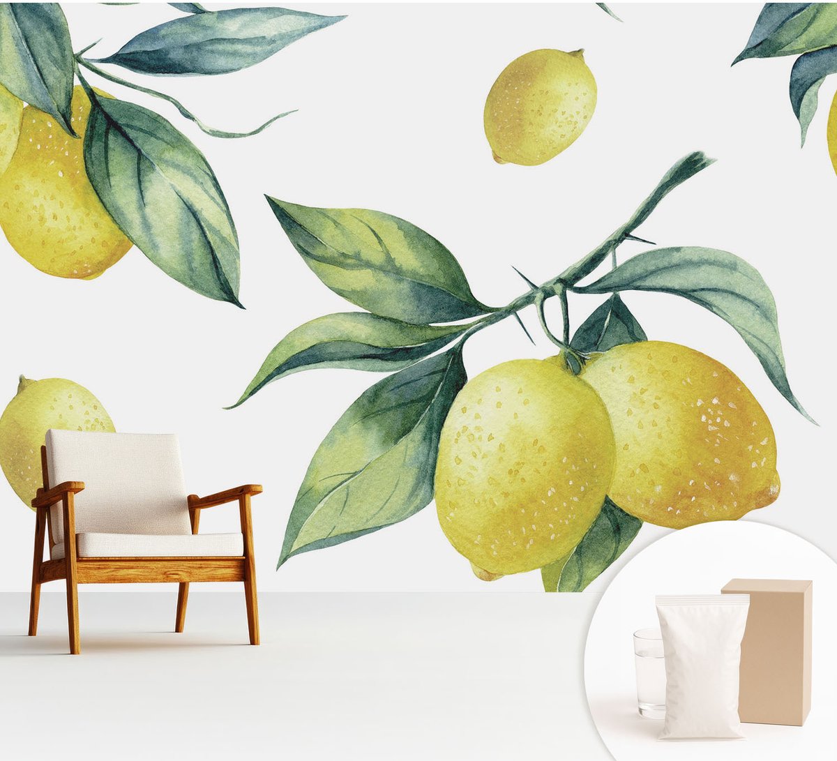 Wallfluent Fotobehang - Geel Vliesbehang - 312x219 cm - Citroenmotief Fotobehang Vlies - Woonkamer behang Bloemen En Planten - Muurschildering - Woonkamer behang
