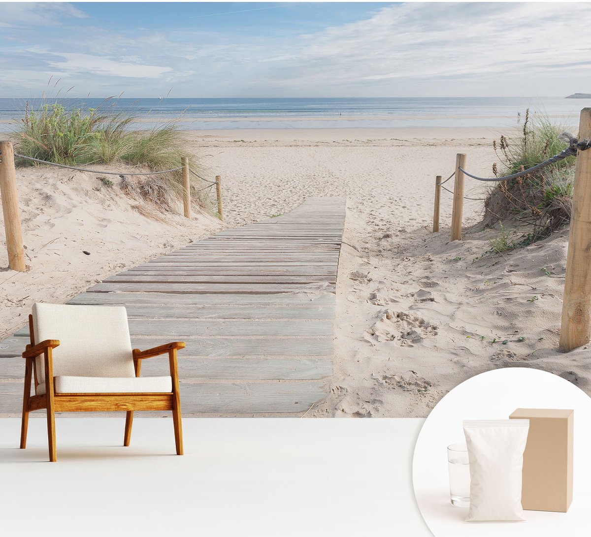 Wallfluent Fotobehang - Wit Vliesbehang - 312x219 cm - Houten Loopbrug Muurschildering - Gang behang Landschappen - Fotobehang Vlies - Slaapkamer behang
