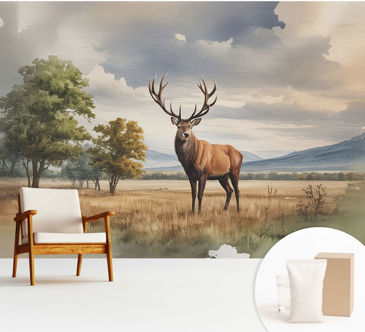 Wallfluent Fotobehang - Grijs Vliesbehang - 312x219 cm - Majestueuze Herten Muurschildering - Gang behang Landschappen - Fotobehang Vlies - Slaapkamer behang