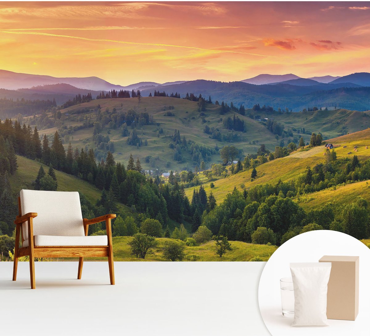 Wallfluent Fotobehang - Geel Vliesbehang - 312x219 cm - Berglandschap Muurschildering - Gang behang Landschappen - Fotobehang Vlies - Gang behang