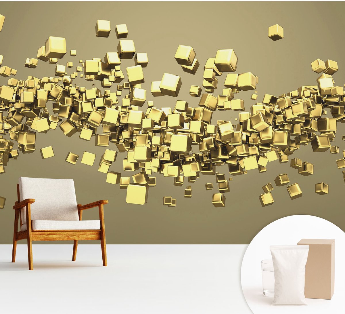 Wallfluent Fotobehang - Geel Vliesbehang - 312x219 cm - Creatieve Kubussen Fotobehang Vlies - Woonkamer behang Abstractie - Muurschildering - Woonkamer behang