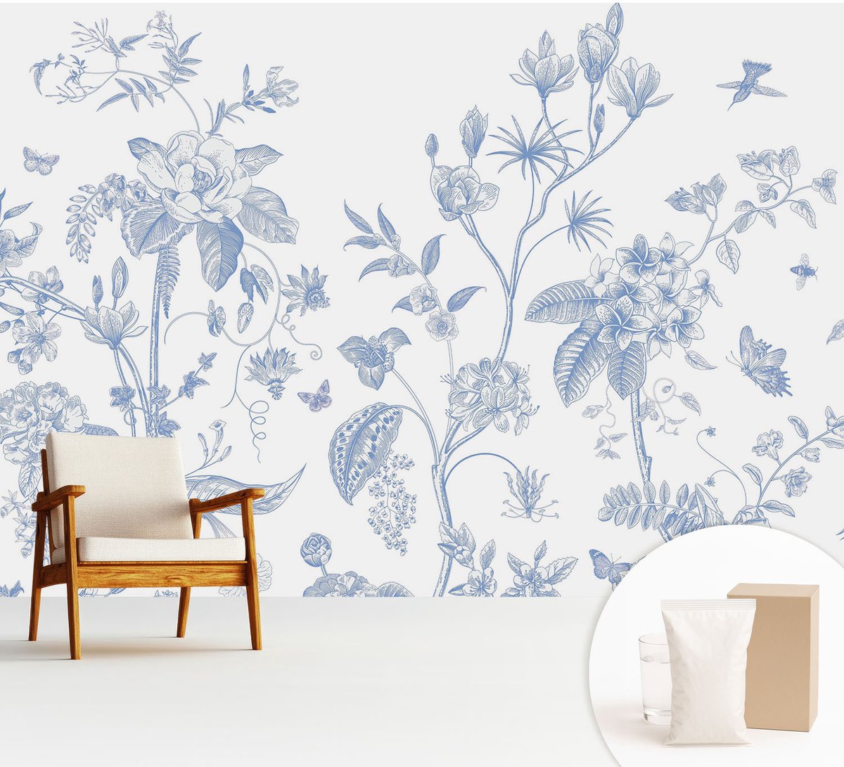 Wallfluent Fotobehang - Wit Vliesbehang - 312x219 cm - Bloemenpatroon Fotobehang Vlies - Woonkamer behang Bloemen En Planten - Muurschildering - Woonkamer behang