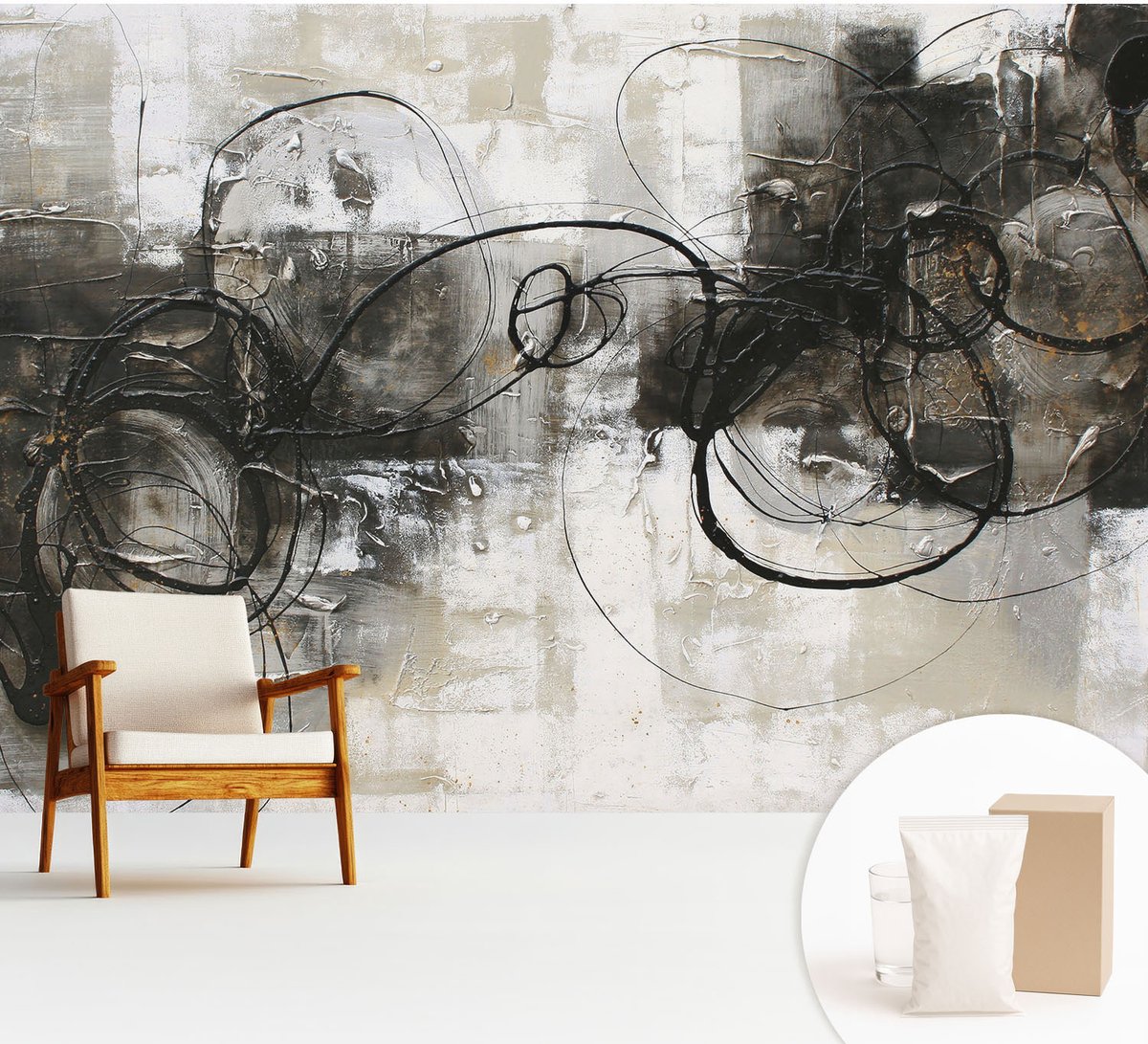 Wallfluent Fotobehang - Zwart Vliesbehang - 312x219 cm - Abstracte Wervel Fotobehang Vlies - Woonkamer behang Abstractie - Muurschildering - Woonkamer behang