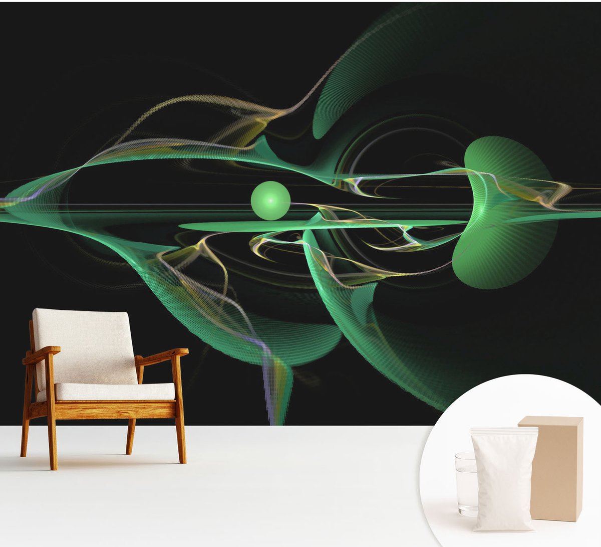 Wallfluent Fotobehang - Zwart Vliesbehang - 312x219 cm - Groene Golven Muurschildering - Gang behang Abstractie - Fotobehang Vlies - Slaapkamer behang