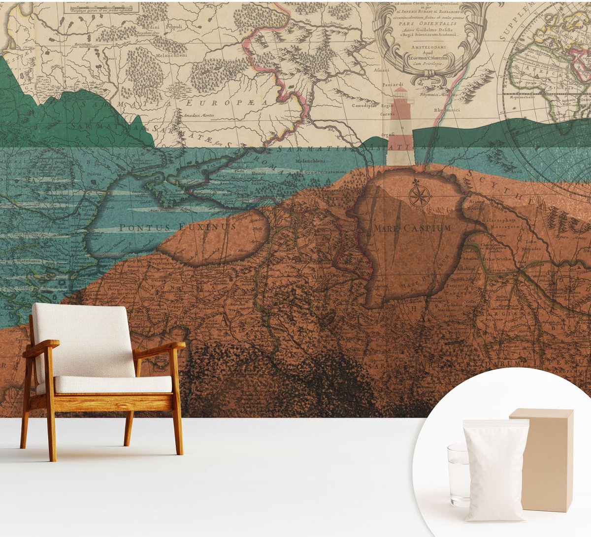 Wallfluent Fotobehang - Bruin Vliesbehang - 312x219 cm - Historische Kaart Muurschildering - Gang behang Kaarten - Fotobehang Vlies - Gang behang
