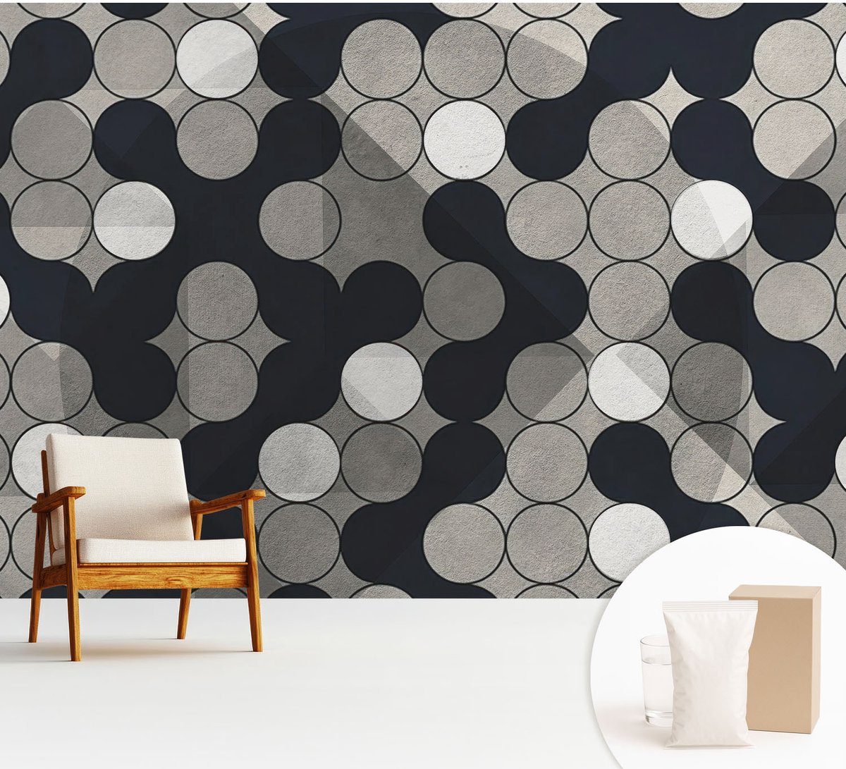 Wallfluent Fotobehang - Zwart Vliesbehang - 312x219 cm - Geometrische Cirkels Muurschildering - Slaapkamer behang Geometrie - Fotobehang Vlies - Gang behang