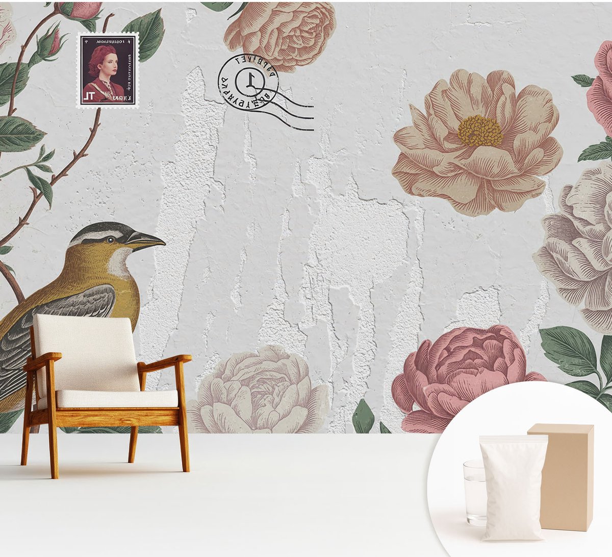 Wallfluent Fotobehang - Wit Vliesbehang - 312x219 cm - Vintage Bloemen Fotobehang Vlies - Woonkamer behang Bloemen En Planten - Muurschildering - Woonkamer behang