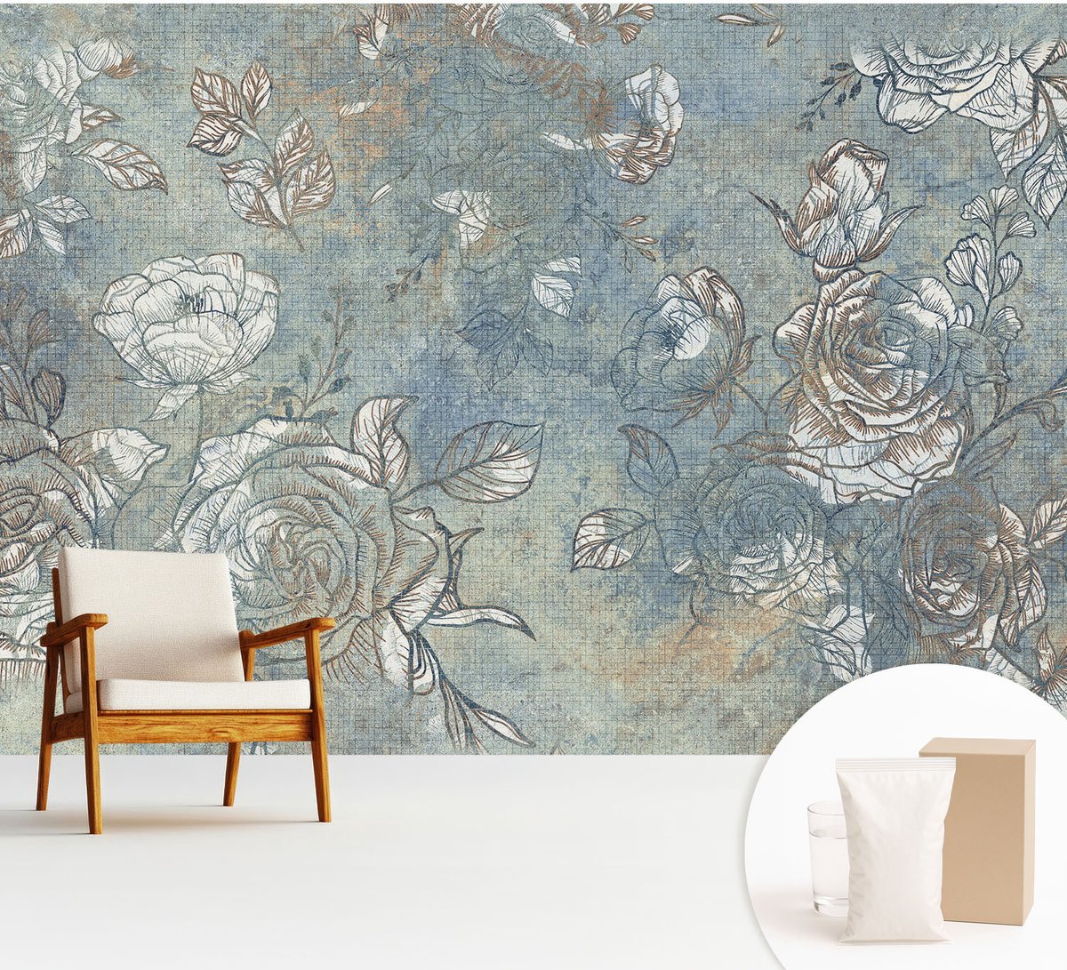 Wallfluent Fotobehang - Blauw Vliesbehang - 312x219 cm - Romantische Rozen Muurschildering - Gang behang Bloemen En Planten - Fotobehang Vlies - Slaapkamer behang