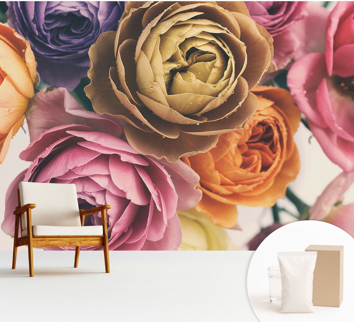 Wallfluent Fotobehang - Roze Vliesbehang - 312x219 cm - Kleurrijke Rozen Muurschildering - Slaapkamer behang Bloemen En Planten - Fotobehang Vlies - Gang behang