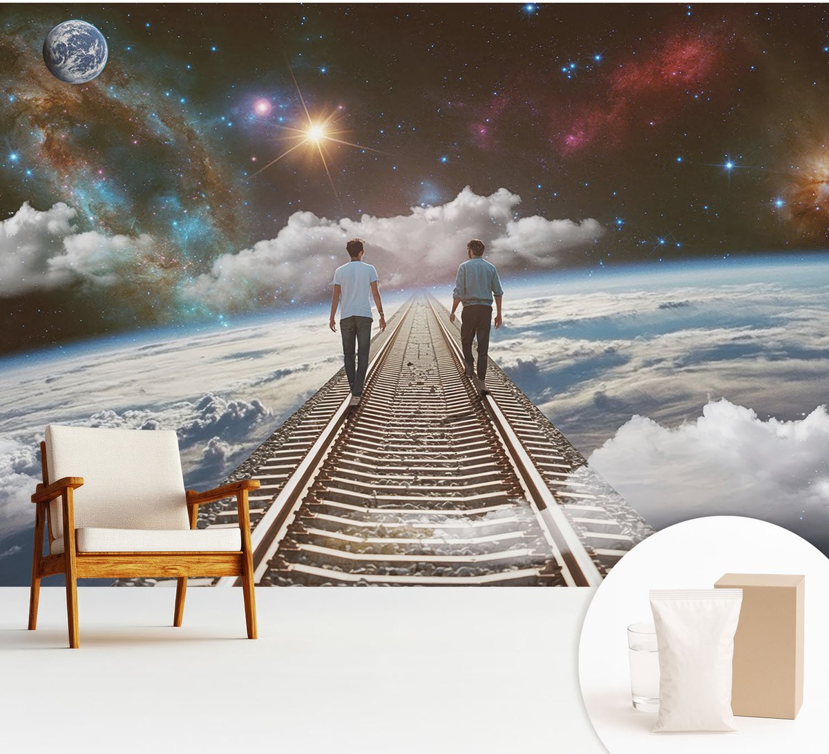 Wallfluent Fotobehang - Wit Vliesbehang - 312x219 cm - Ruimtereis Fotobehang Vlies - Hal behang Kosmos - Muurschildering - Woonkamer behang
