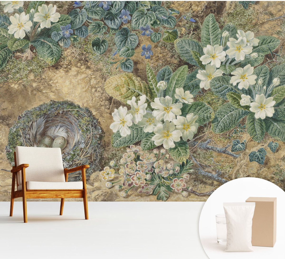 Wallfluent Fotobehang - Wit Vliesbehang - 312x219 cm - Lente Compositie Fotobehang Vlies - Woonkamer behang Bloemen En Planten - Muurschildering - Woonkamer behang