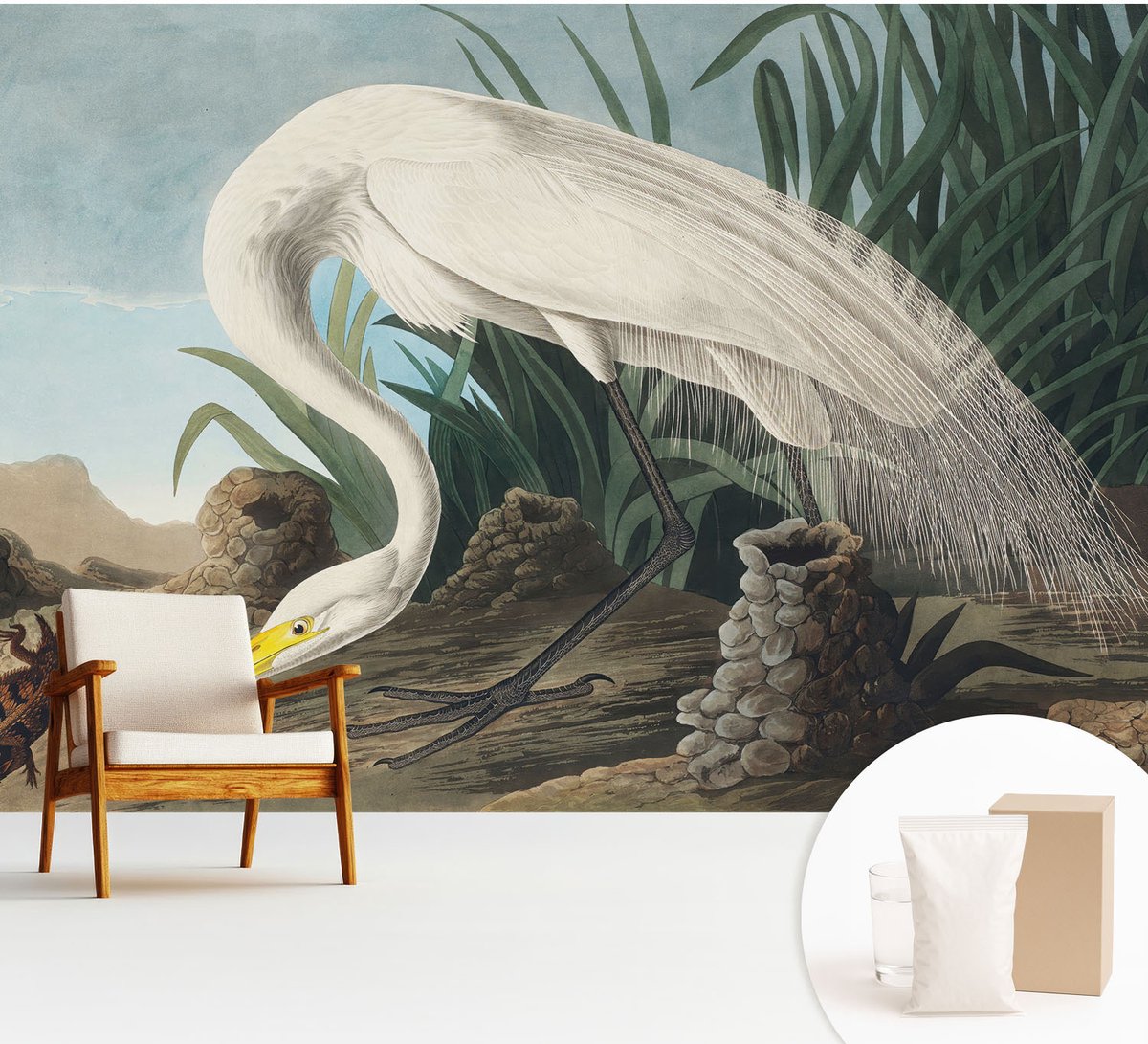Wallfluent Fotobehang - Wit Vliesbehang - 312x219 cm - Majestueuze Reiger Fotobehang Vlies - Woonkamer behang Dieren - Muurschildering - Hal behang
