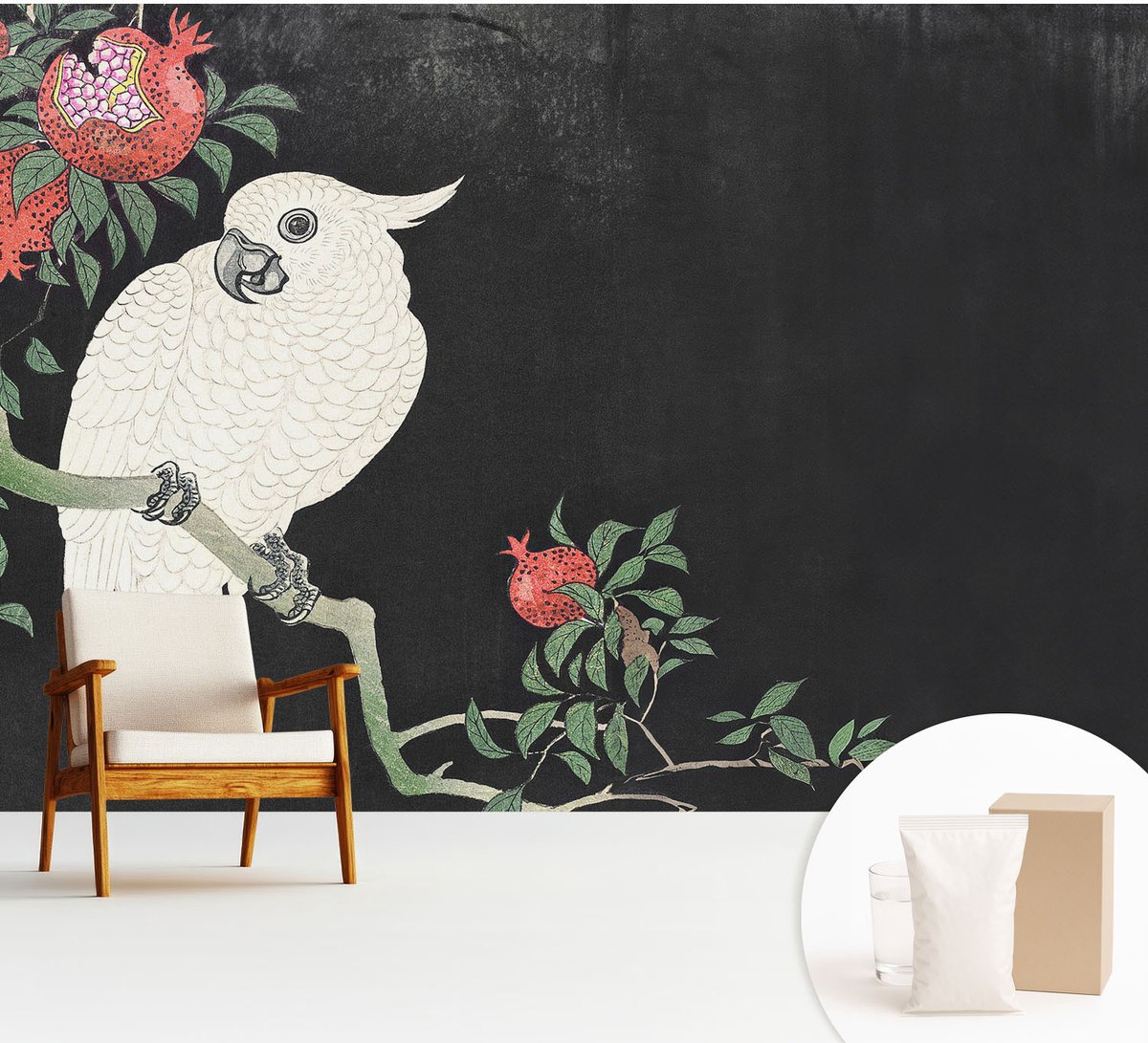 Wallfluent Fotobehang - Zwart Vliesbehang - 312x219 cm - Granaatappelpapegaai Muurschildering - Gang behang Dieren - Fotobehang Vlies - Slaapkamer behang