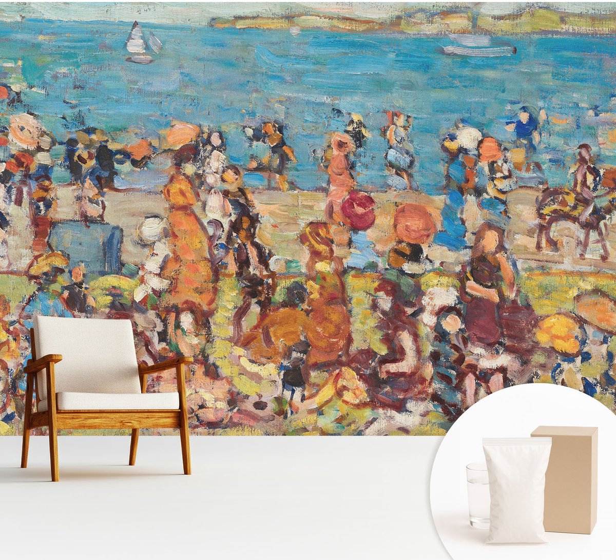 Wallfluent Fotobehang - Blauw Vliesbehang - 312x219 cm - Strandscène Muurschildering - Slaapkamer behang Mensen - Fotobehang Vlies - Slaapkamer behang