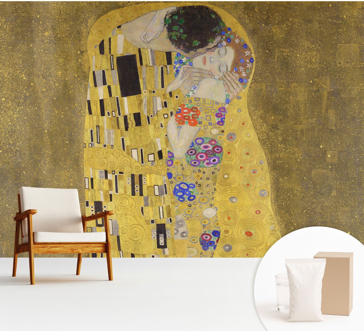 Wallfluent Fotobehang - Geel Vliesbehang - 312x219 cm - Art Nouveau-Paar Fotobehang Vlies - Hal behang Deel - Muurschildering - Woonkamer behang