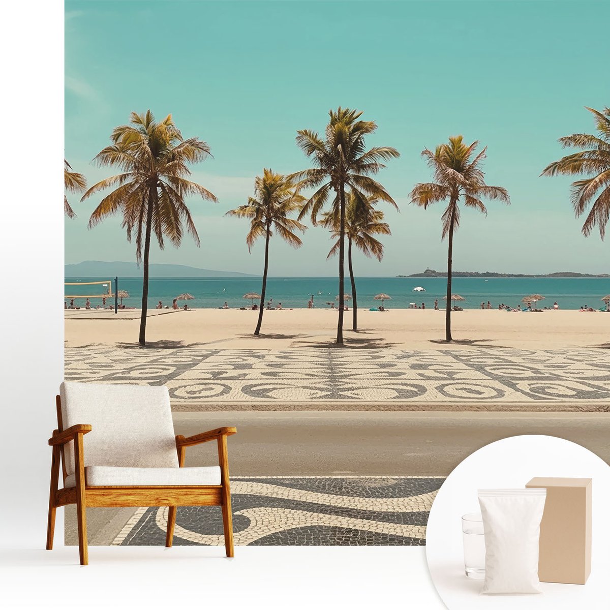 Wallfluent Fotobehang - Turkoois Vliesbehang - 250x250 cm - Palmbomenstrand Fotobehang Vlies - Woonkamer behang Landschappen - Muurschildering - Hal behang