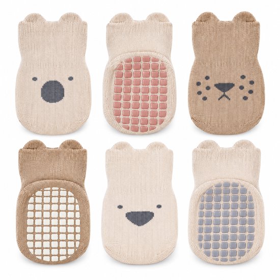 Ensemble de six chaussettes pour bébé avec des visages d'ours et d'animaux et des semelles antidérapantes dans les tons rose, blanc et gris.
