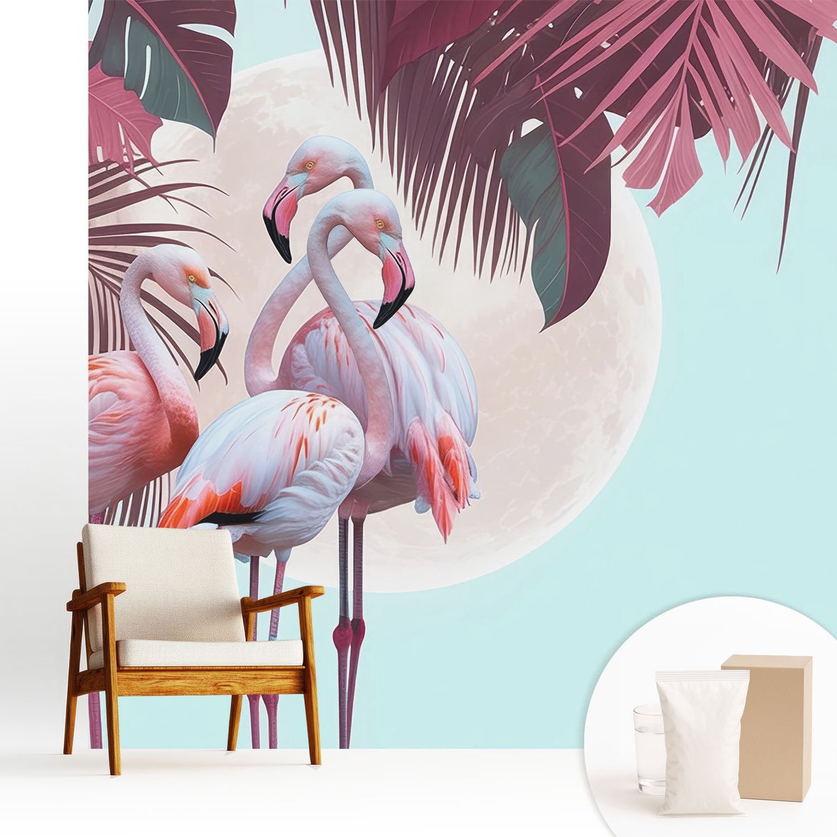 Wallfluent Fotobehang - Roze Vliesbehang - 250x250 cm - Exotische Vogels Fotobehang Vlies - Hal behang Dieren - Muurschildering - Hal behang