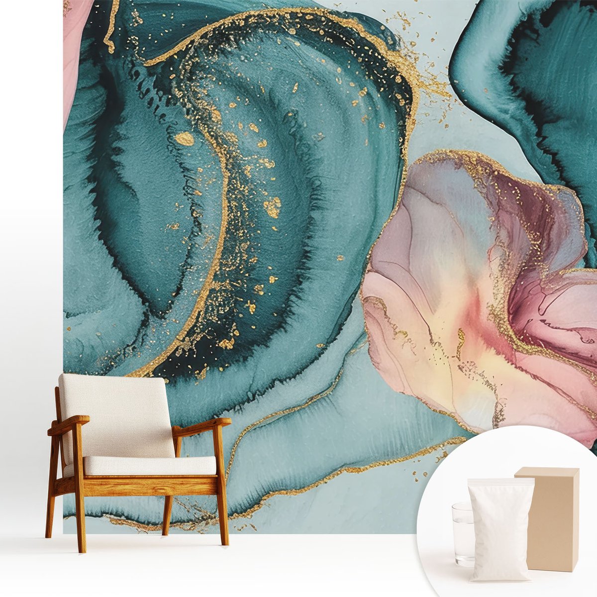 Wallfluent Fotobehang - Blauw Vliesbehang - 250x250 cm - Artistieke Golven Muurschildering - Slaapkamer behang Abstractie - Fotobehang Vlies - Slaapkamer behang