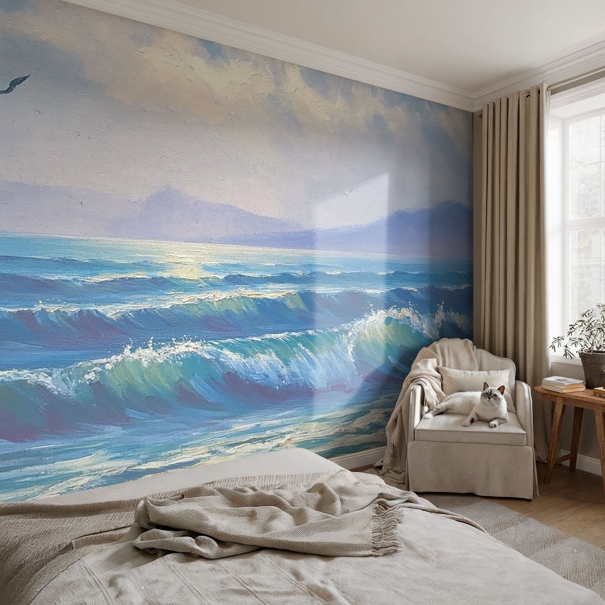 Wallfluent Fotobehang - Blauw Vliesbehang - 250x250 cm - Zeegolven Fotobehang Vlies - Hal behang Landschappen - Muurschildering - Hal behang