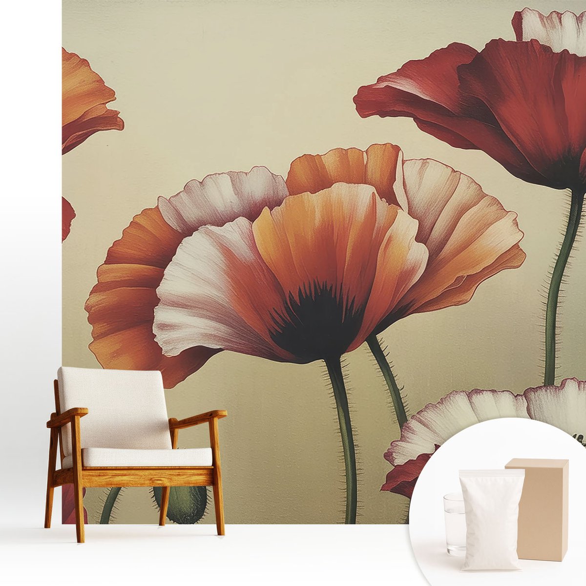 Wallfluent Fotobehang - Oranje Vliesbehang - 250x250 cm - Vrolijke Klaprozen Muurschildering - Slaapkamer behang Bloemen En Planten - Fotobehang Vlies - Slaapkamer behang