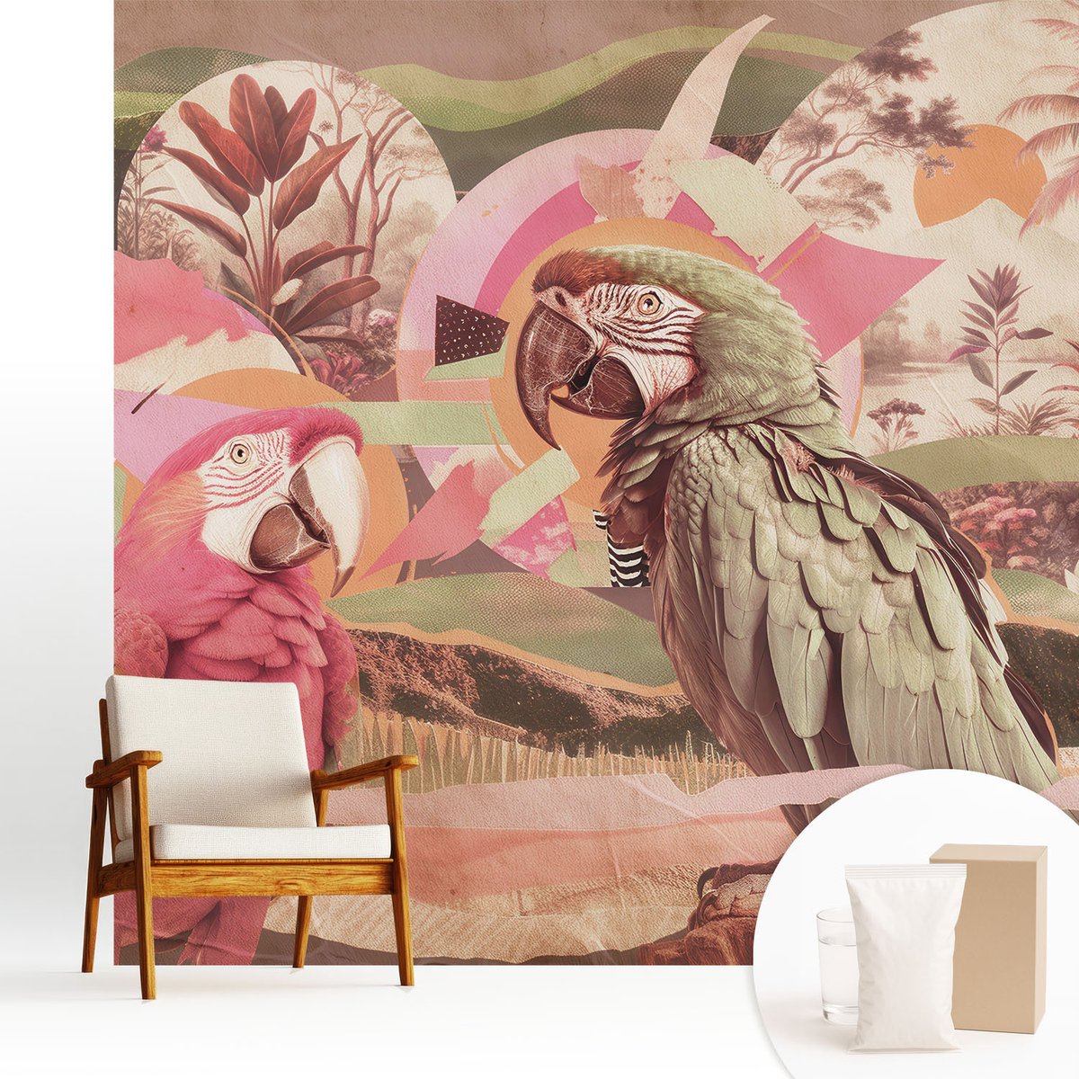 Wallfluent Fotobehang - Roze Vliesbehang - 250x250 cm - Tropische Vogels Fotobehang Vlies - Woonkamer behang Dieren - Muurschildering - Woonkamer behang