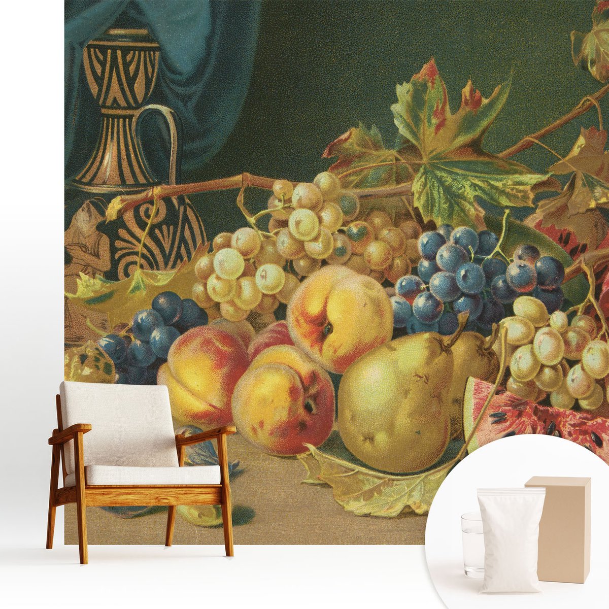Wallfluent Fotobehang - Grijs Vliesbehang - 250x250 cm - Fruitige Charme Fotobehang Vlies - Woonkamer behang Voedsel - Muurschildering - Hal behang