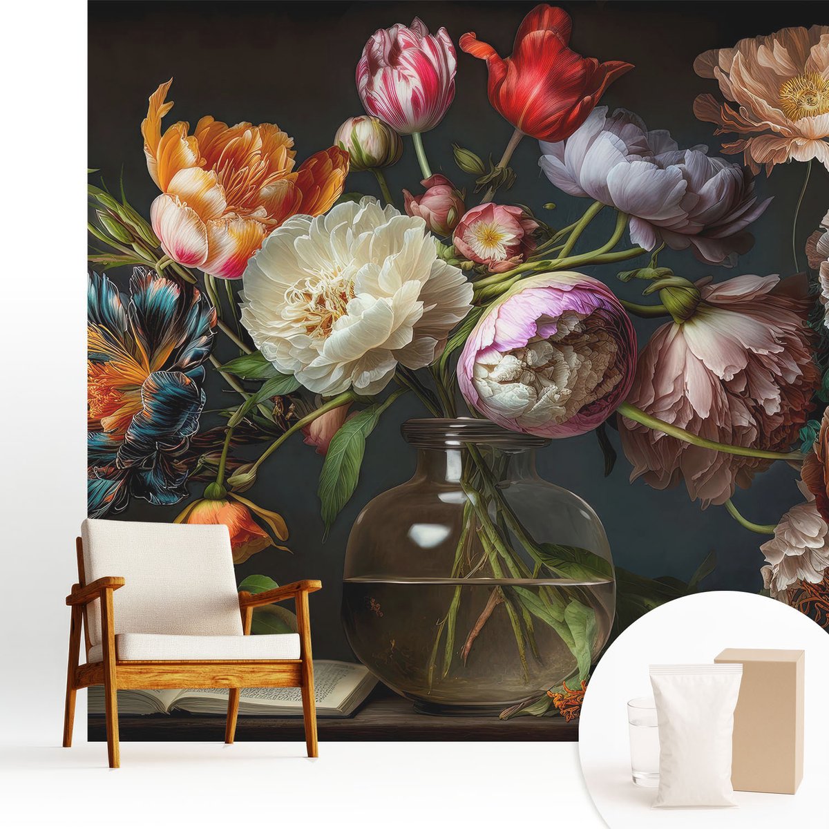 Wallfluent Fotobehang - Oranje Vliesbehang - 250x250 cm - Bloemenboeket Fotobehang Vlies - Hal behang Bloemen En Planten - Muurschildering - Hal behang