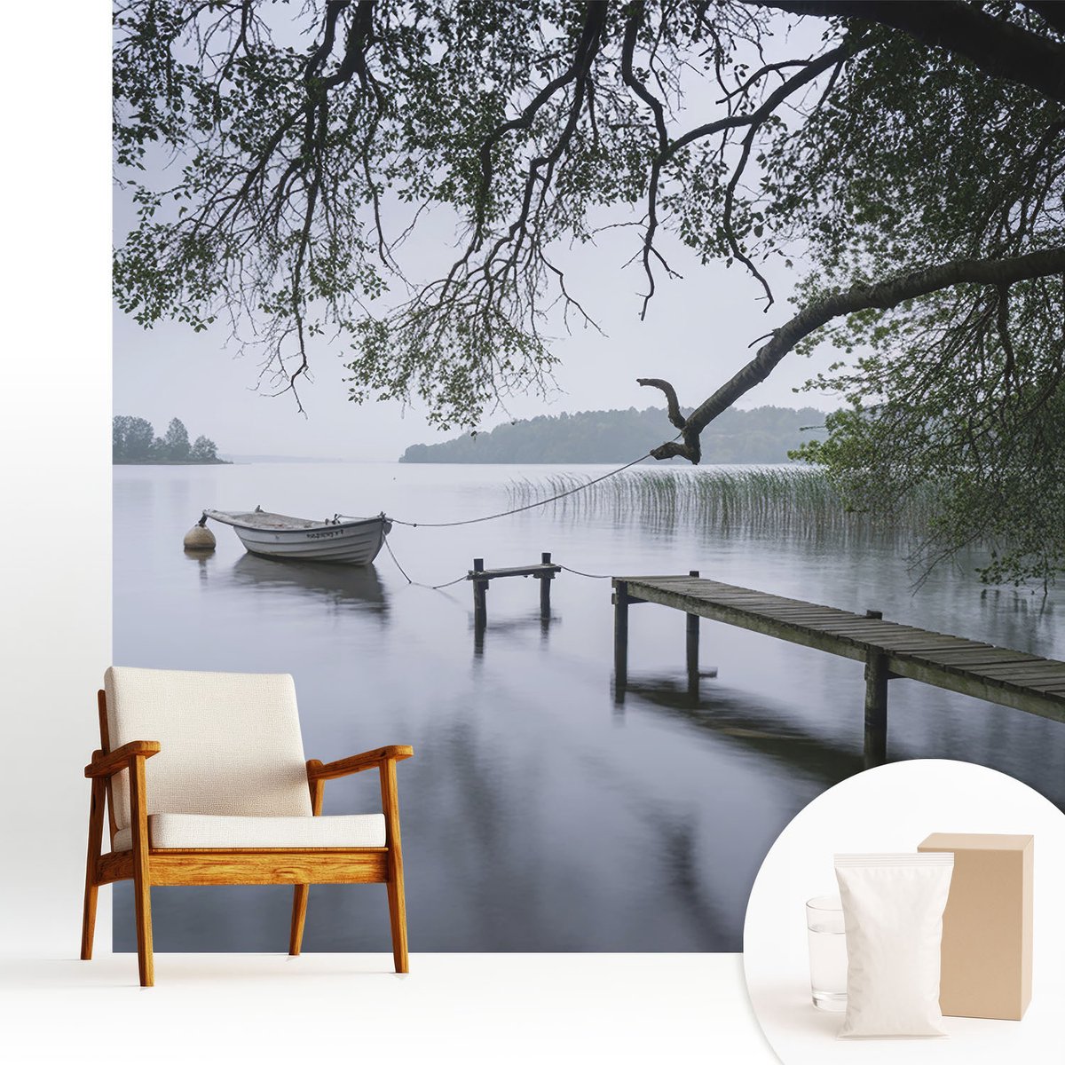 Wallfluent Fotobehang - Grijs Vliesbehang - 250x250 cm - Een Kalm Meer Muurschildering - Slaapkamer behang Landschappen - Fotobehang Vlies - Slaapkamer behang