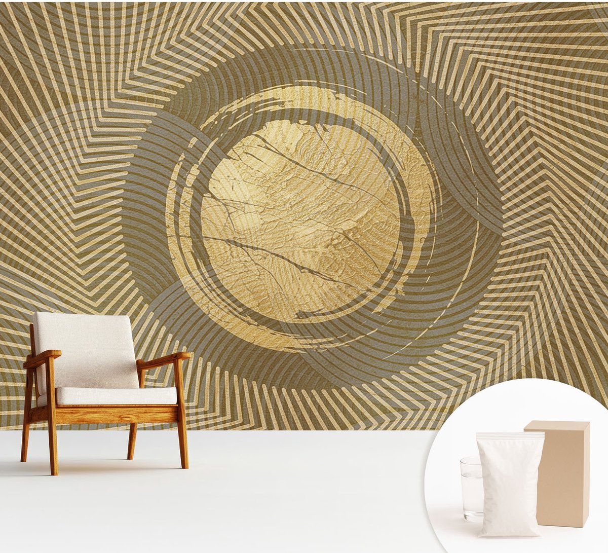 Wallfluent Fotobehang - Beige Vliesbehang - 312x219 cm - Stralende Lijnen Muurschildering - Slaapkamer behang Abstractie - Fotobehang Vlies - Slaapkamer behang