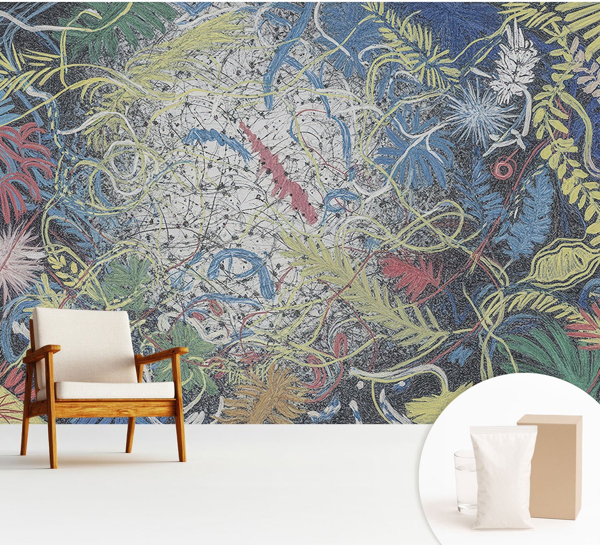 Wallfluent Fotobehang - Blauw Vliesbehang - 312x219 cm - Plantenwervels Muurschildering - Gang behang Abstractie - Fotobehang Vlies - Gang behang