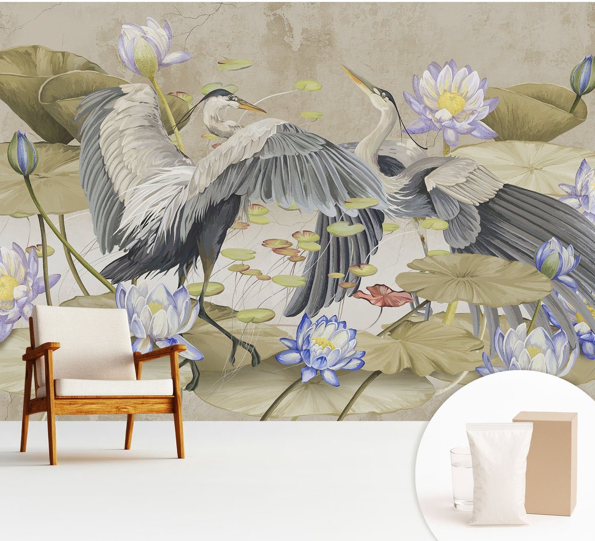 Wallfluent Fotobehang - Beige Vliesbehang - 312x219 cm - Vogels En Lelies Fotobehang Vlies - Woonkamer behang Dieren - Muurschildering - Hal behang